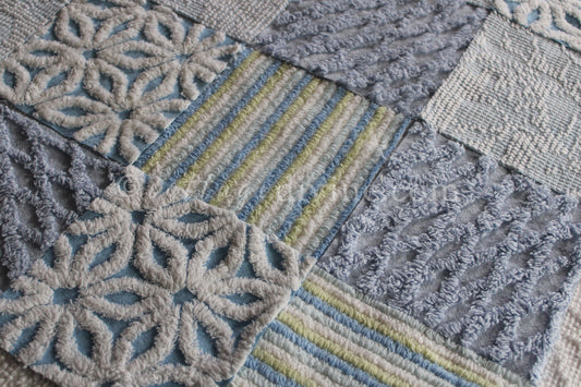 COOL COASTAL Chenille Quilt Squares Set, from Vintage Bedspread Fabric, 16 Blocks, 6" inch