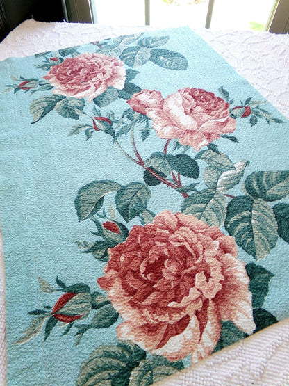stunning vintage barkcloth fabric in life like rose bloom print, 18" x 26" inch piece from a deconstructed curtain panel