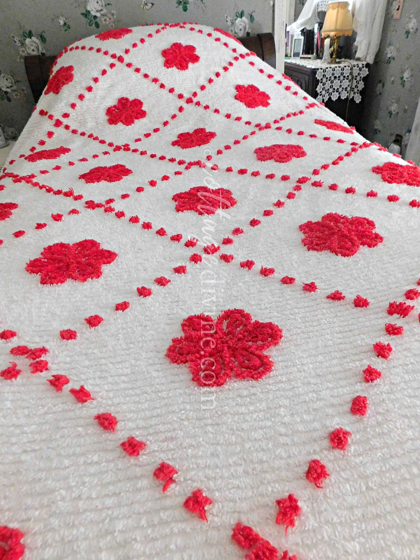 Vintage Chenille Bedspread, Fabulous Red Roses on White, Full Size, Cotton, Midcentury Bed Linens