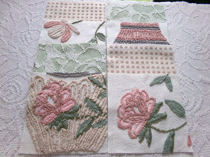 rose garden chenille fabric squares, set of 8 vintage 7.5" quilt blocks, neutrals & chic florals, for sewing, crafts, quilting