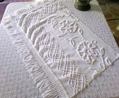 Farmhouse Style White Floral Chenille Fabric, Vintage 16" x 28" inch Piece, Great for Pillows & Quilting