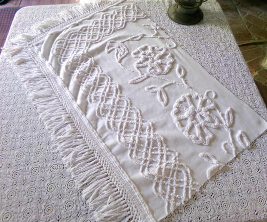 Farmhouse Style White Floral Chenille Fabric, Vintage 16" x 28" inch Piece, Great for Pillows & Quilting