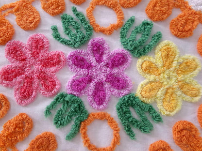 Vintage Chenille Bedspread Quilt Fabric Plush Citrus Orange Swirls & Flowers, 22" x 20" inch piece, Unique Design