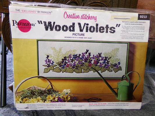 WOOD VIOLETS Paragon Needlecraft CREWEL Embroidery Kit #0213 ~ Hippie Vintage 70s Style Woodland Floral Wall Hanging, Barbara Sparre Design
