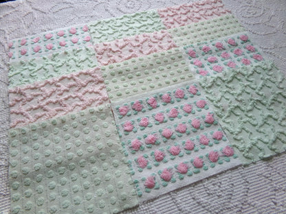 fairytale pink & green chenille fabric squares, set of 12 vintage 6" quilt blocks in crafty girl's dozen, popular squiggles, rosebud, dots
