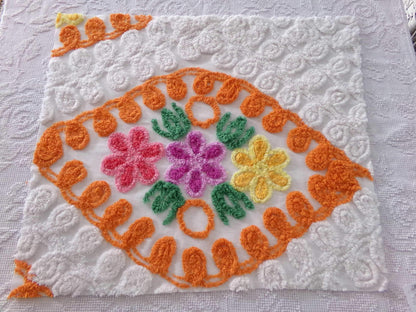 Vintage Chenille Bedspread Quilt Fabric Plush Citrus Orange Swirls & Flowers, 22" x 20" inch piece, Unique Design