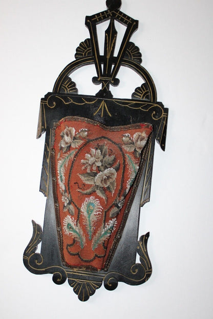 Rare Antique Ornate Victorian Eastlake 1881 Beaded Floral Wall Slipper Pocket