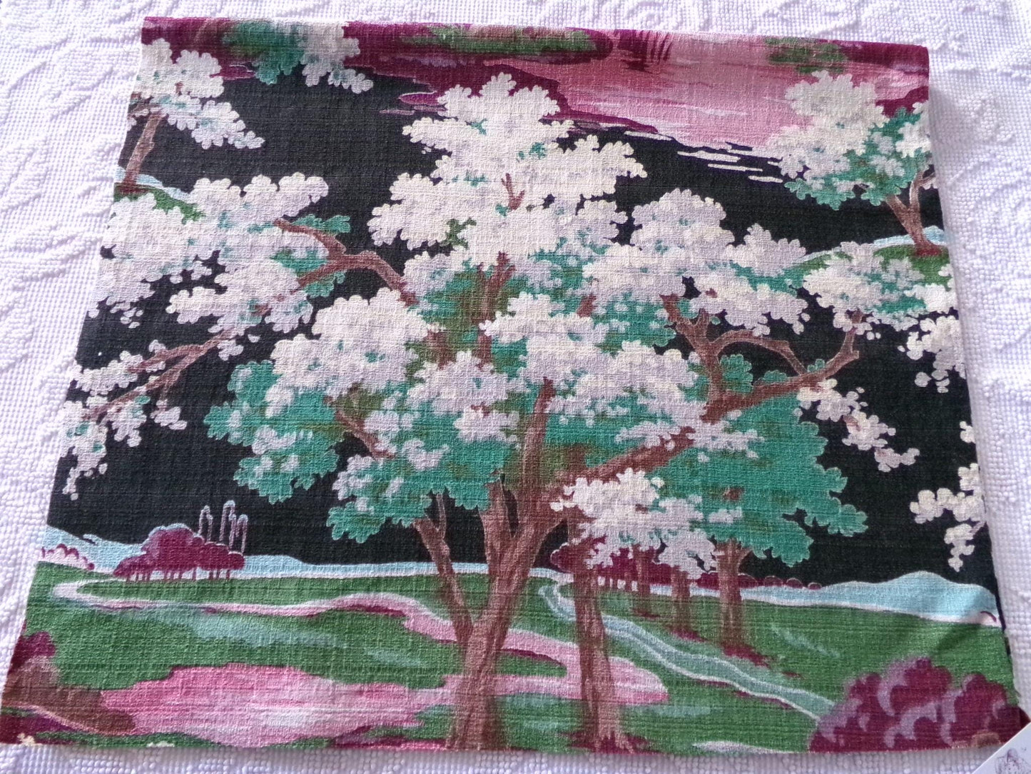 dramatic piece of vintage black barkcloth fabric in mystic tree print, 20" x 35" inch piece from deconstructed curtain panel