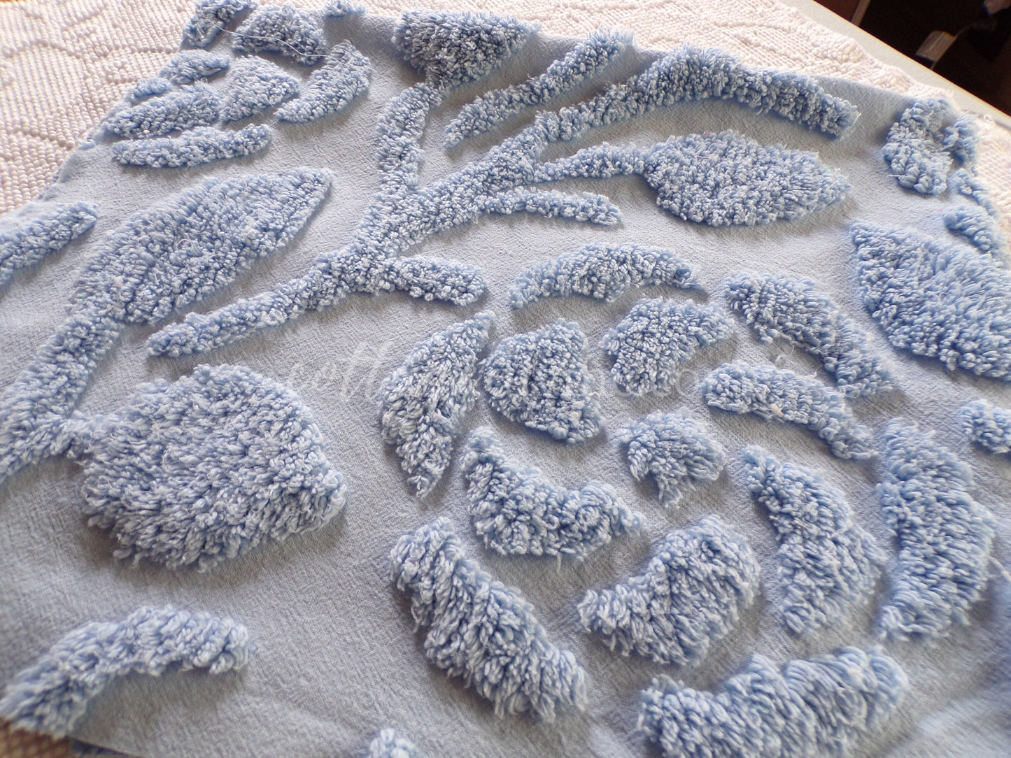 Stylized Roses Vintage Chenille Quilt Fabric, 30" x 26" inch Piece, Soothing Dusky Blue Rose Blooms, 100% Cotton