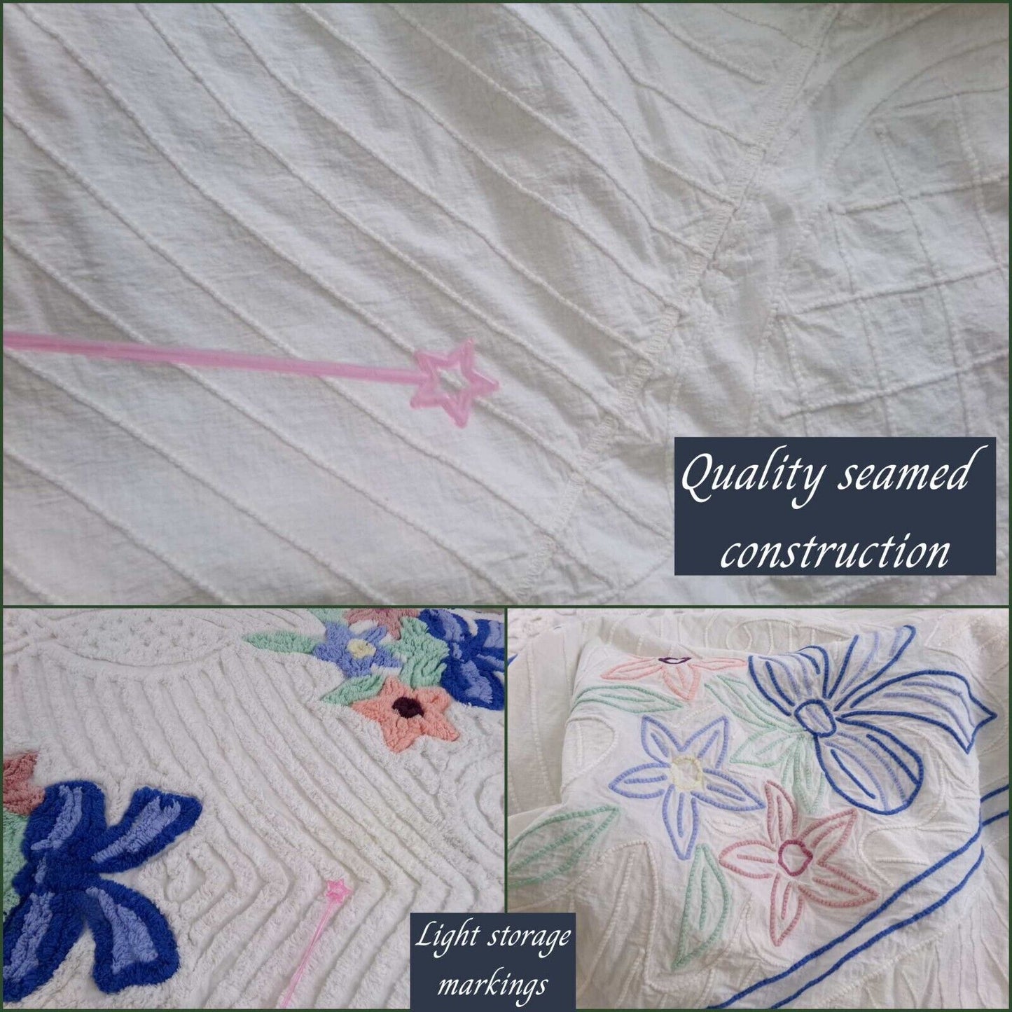 Charming Vintage Chenille Bedspread Plush Bow Flower Bouquets, Twin Size Bedding