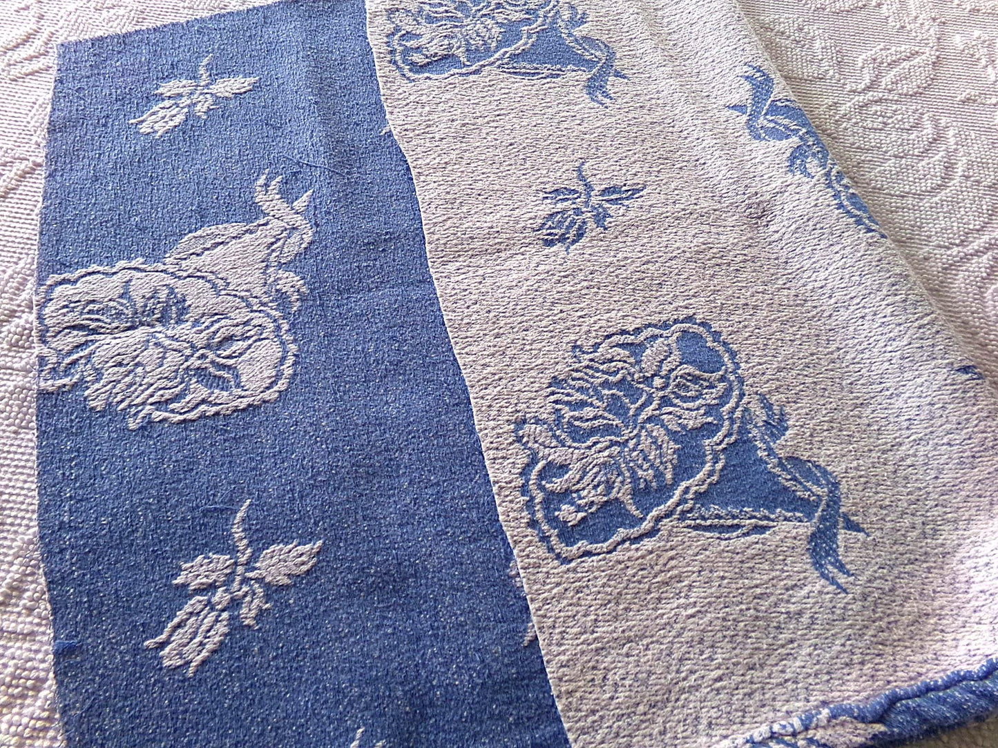 romantic coastal style vintage woven fabric, white & blue bridal floral bouquets, reversible 20" x 27" inch piece of shabby sewing material