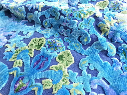celestial vintage cut velvet fabric, midnight blue mystic Bates tapestry chenille, 18" x 22" inch piece, sewing material for boho bags
