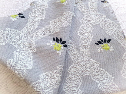 starlight silver swag vintage woven fabric piece, white lace designs, cool grey, chartreuse rose florals, reversible Bates design, 22" x 27"