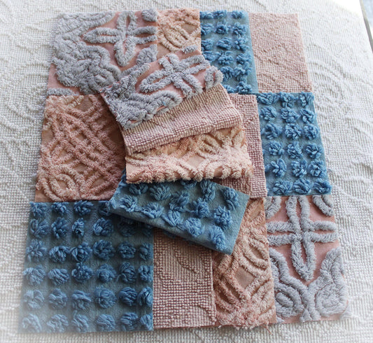 starry twilight chenille fabric squares, set of 16 vintage quilt blocks 6" inches ea, dreamy serene blue, rose mist, pink shades