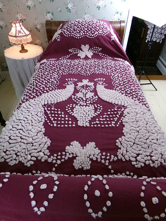 Antique Peacock Chenille Bedspread, Shabby Vintage Victorian Handmade Coverlet in Deep Wine with Snow White Tufting, Full Size Bedding