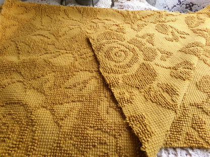 boho rose hobnail chenille fabric, vintage saturated retro harvest gold woven sewing material with pom pom trim 20" x 24" inch reversible pc
