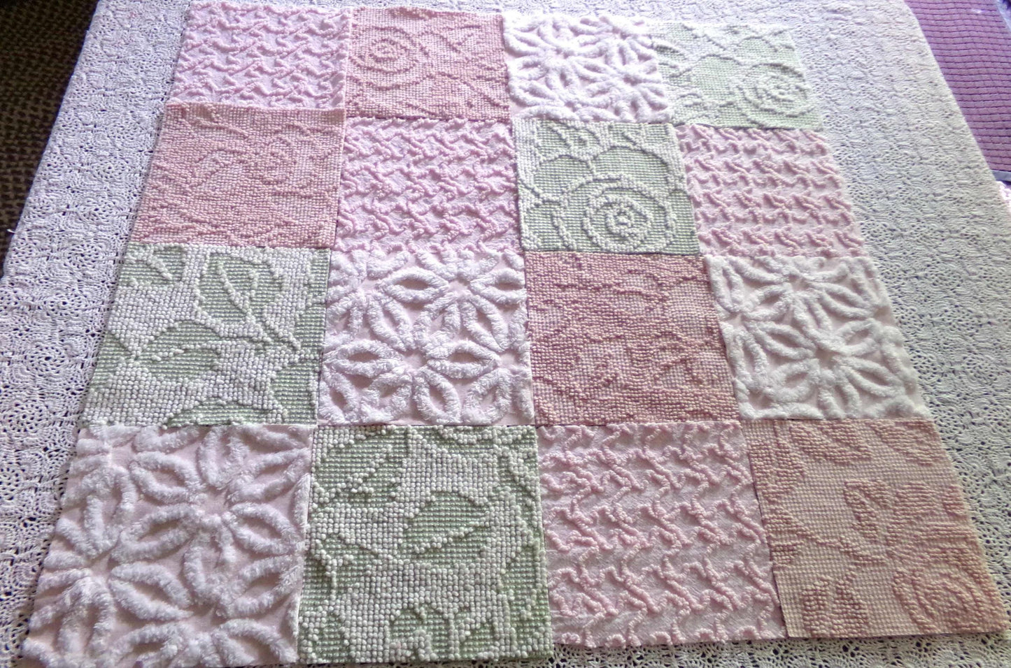 Garden Walk Chenille Quilt Squares Set from Vintage Bedspread Fabric, 16 Blocks, 6" inch in Sage Green, Pink, Rose Mist & Whispers of White