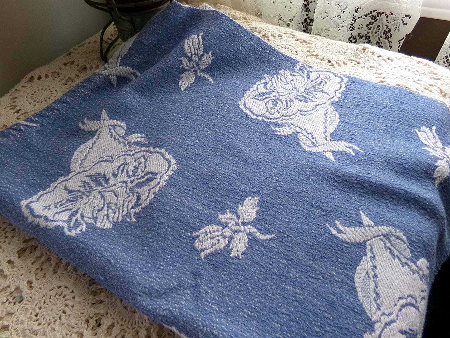 romantic coastal style vintage woven fabric, white & blue bridal floral bouquets, reversible 20" x 27" inch piece of shabby sewing material
