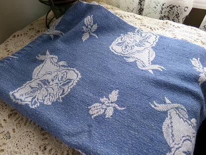 romantic coastal style vintage woven fabric, white & blue bridal floral bouquets, reversible 20" x 27" inch piece of shabby sewing material