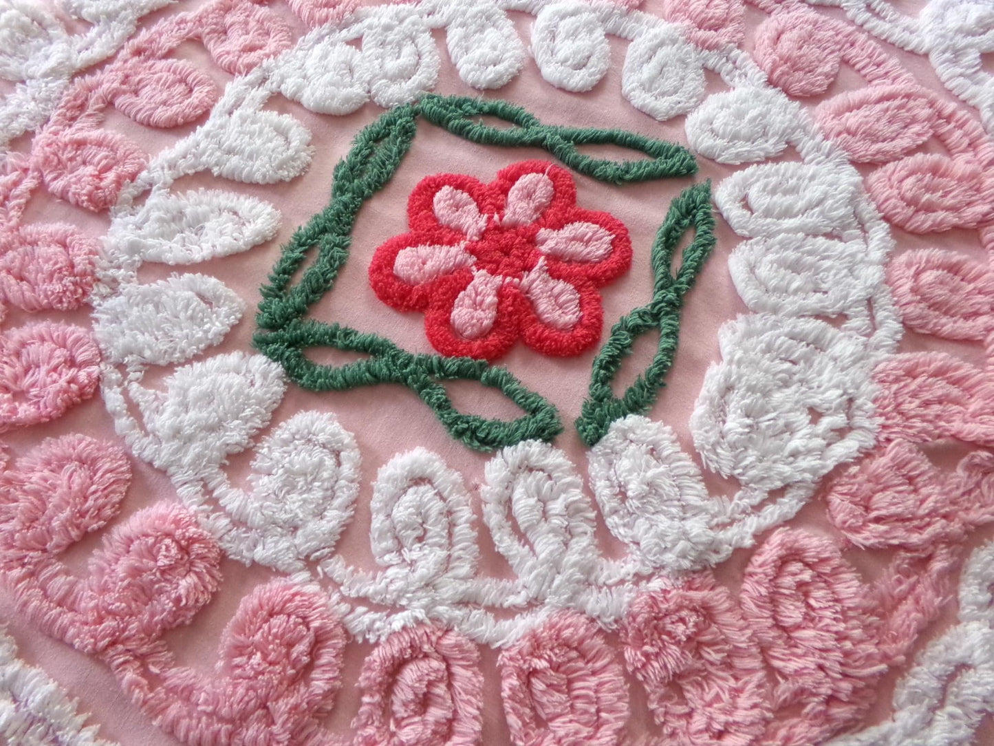 beautiful shabby pink vintage chenille fabric, frosted wedding cake design with rose flower, 20" x 31" inch piece of sewing material