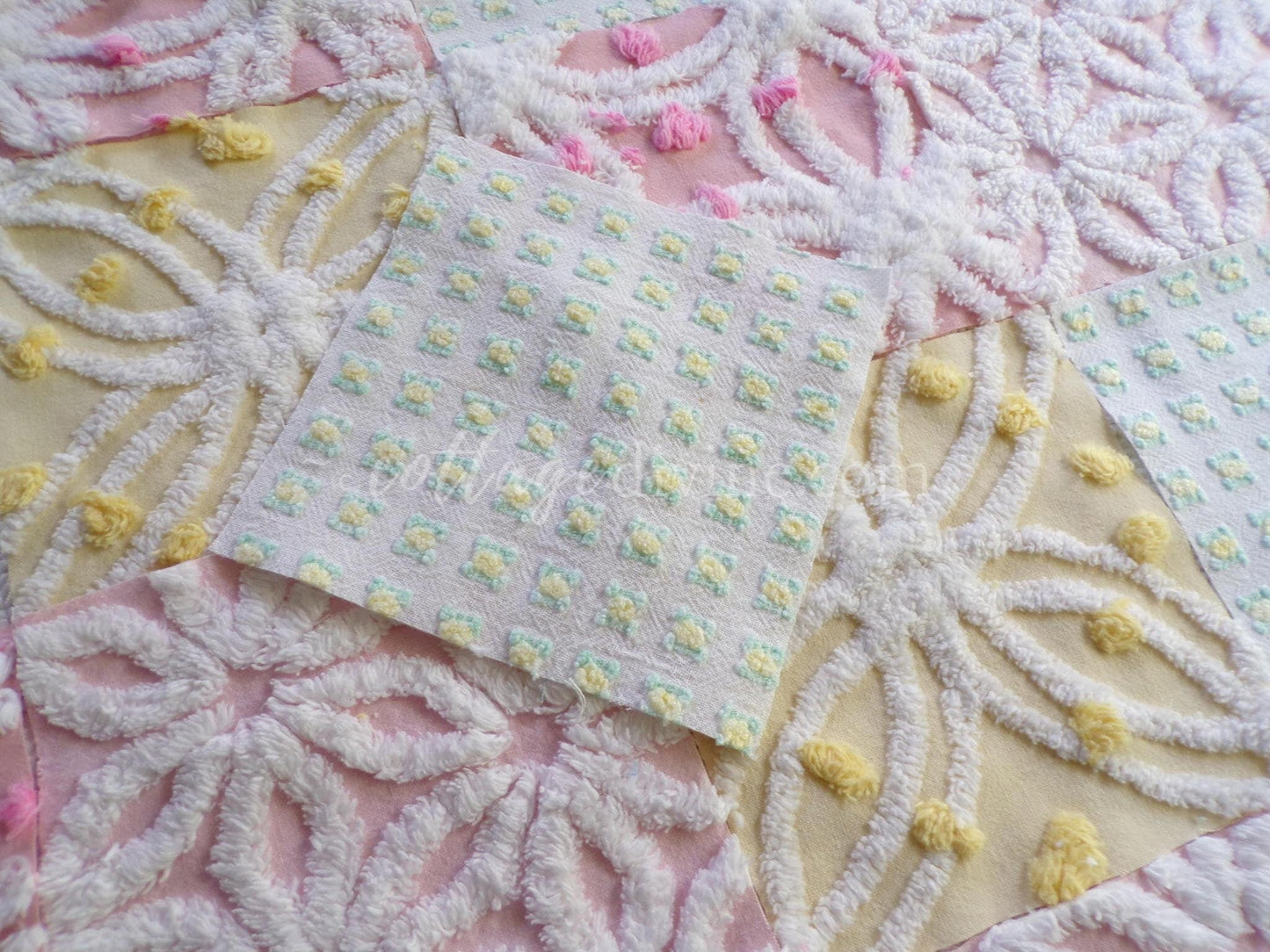 Spring Fling Chenille Quilt Squares Set from Vintage Bedspread Fabric, 16 Blocks, 6" x 6" inch