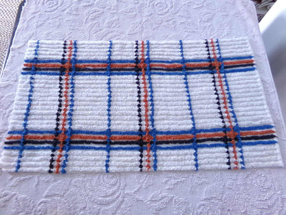 Vintage Chenille Fabric in a Unique Geometric Design, 28" x 15.5" inches, Masculine Black, Rust & Blue on White Cotton