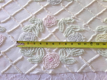 Pastel Spring Floral Wreaths Vintage Chenille FABRIC PIECE, 21" x 30" inches, Antique Cream