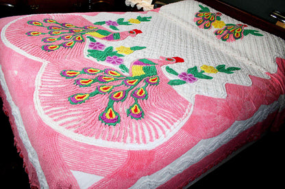 Popular Pink Peacock Vintage Chenille Bedspread, Full Size Boho Glam Bedding