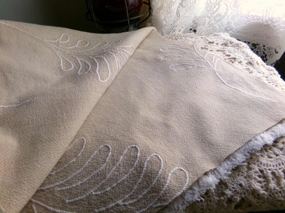 falling leaves vintage chenille fabric, 24" x 21" inch piece, simple shabby needletuft large leaf design on mocha