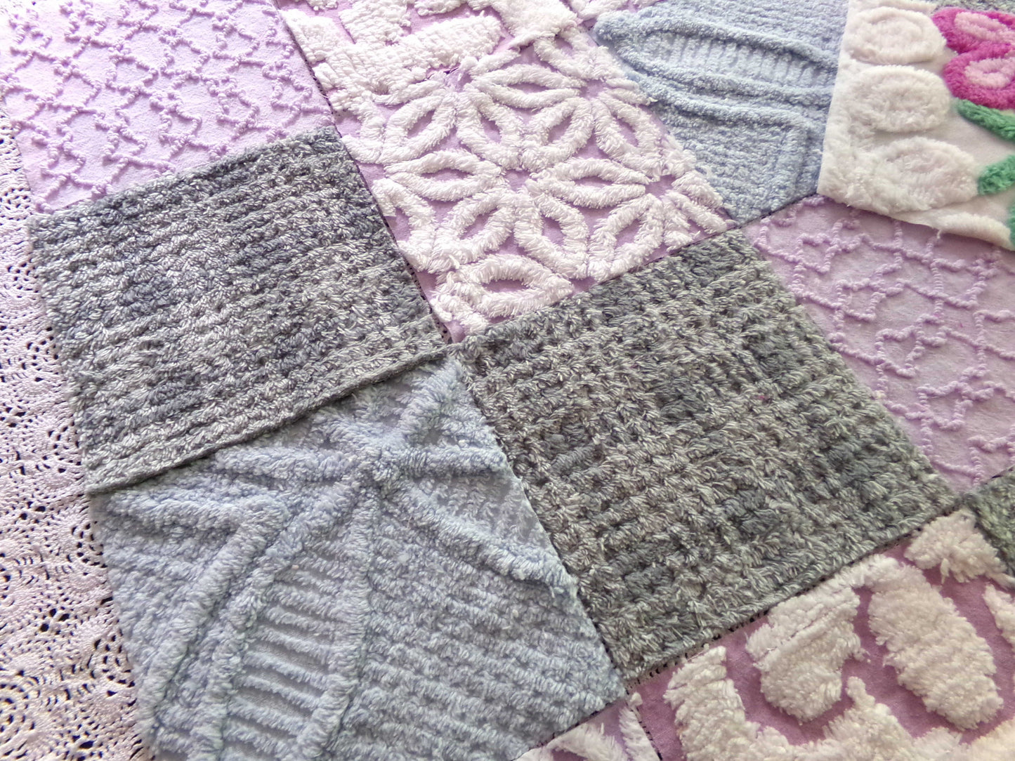 Sweet Dreams Vintage Chenille Fabric Squares, in Grey, Lilac, White & Blue, Set of 17 Blocks, 6" Each for Quilts, Crafts
