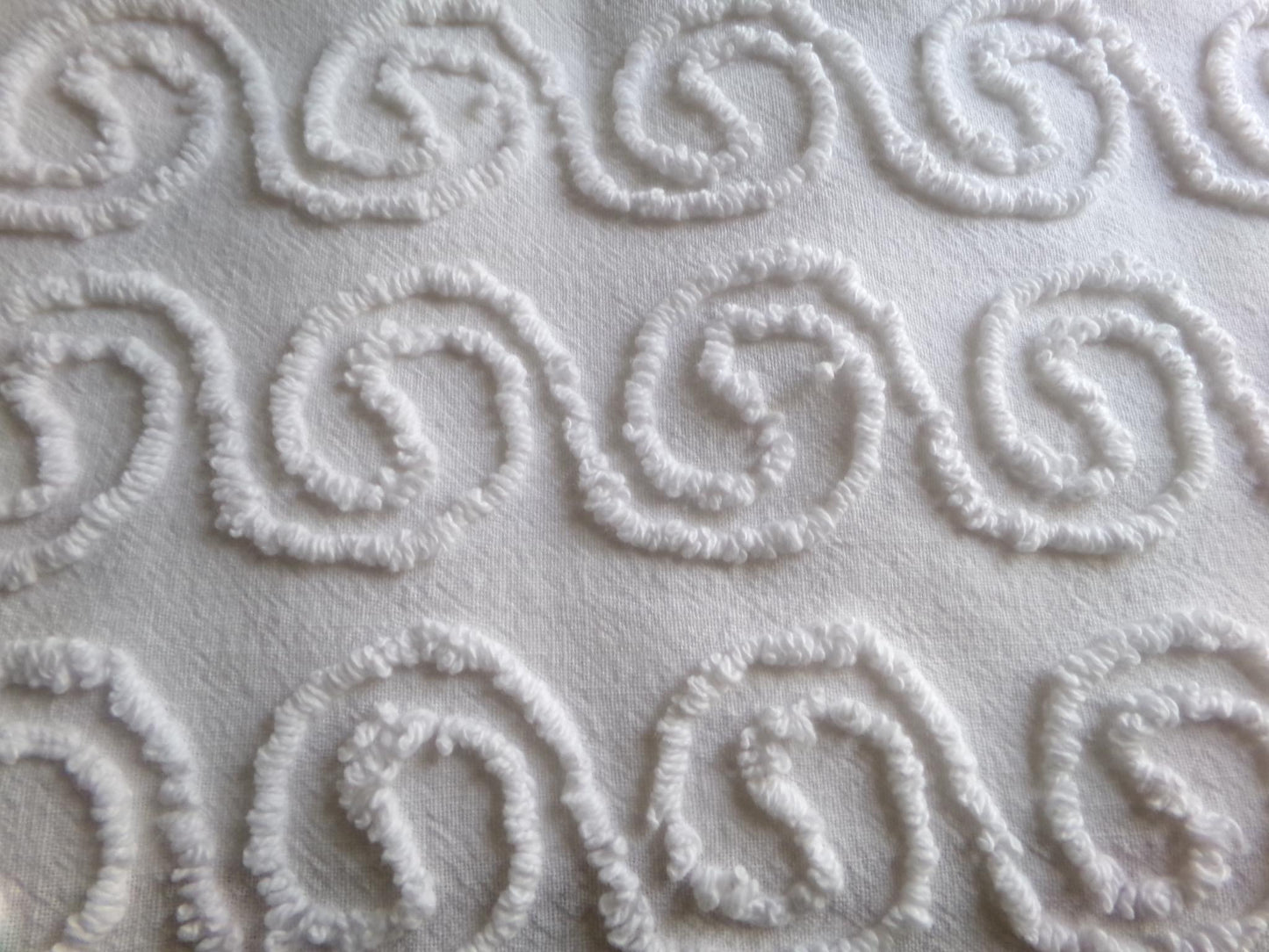 spiral curls white vintage chenille fabric, ultra lightweight cotton sewing material with great texture & presentation, 20" x 24" inch piece