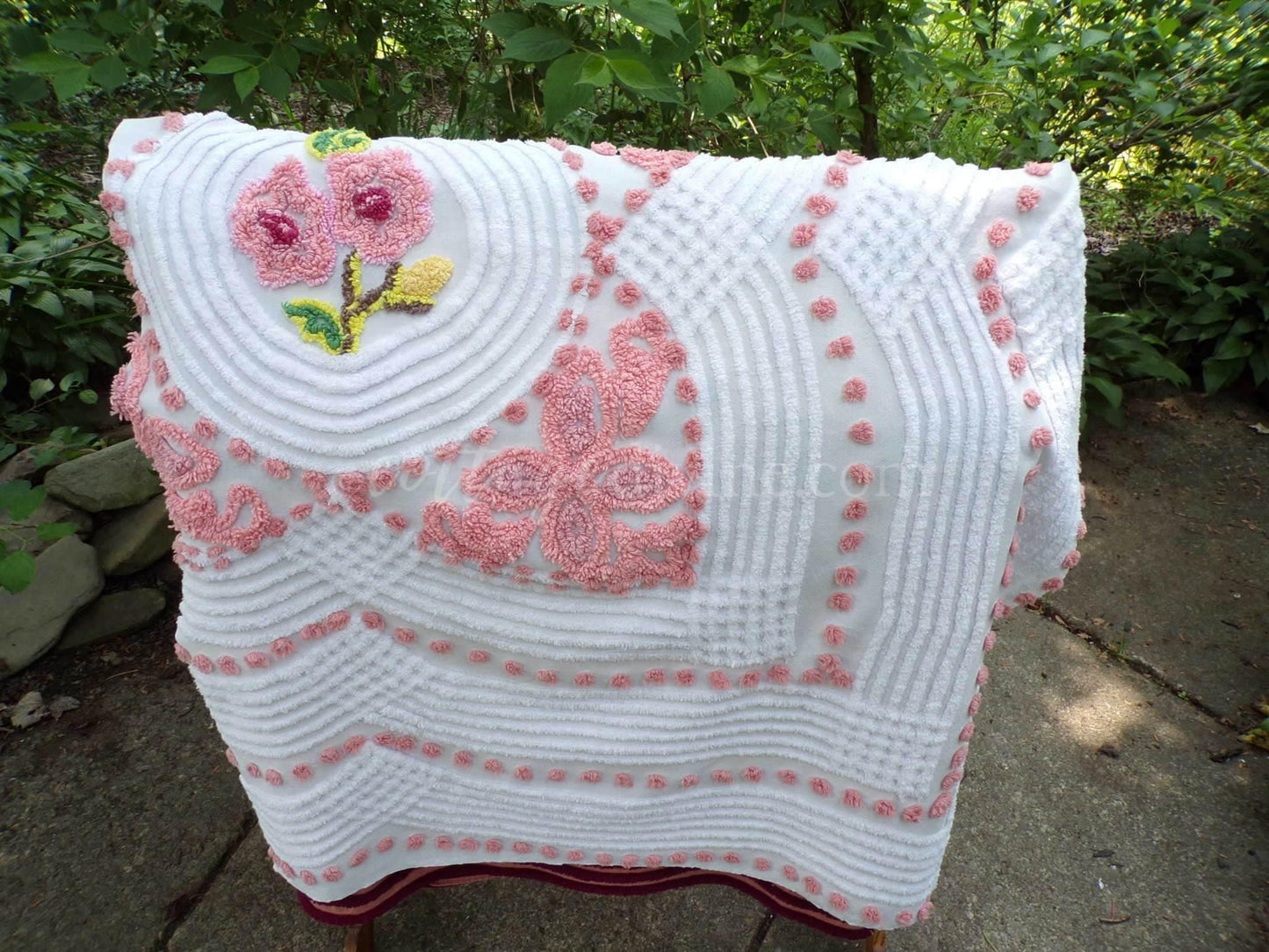 Shabby Rose Swirl Vintage Chenille Fabric, 26" x 29" inch Piece, Upcycle into Pillows, Quilts & Crafts