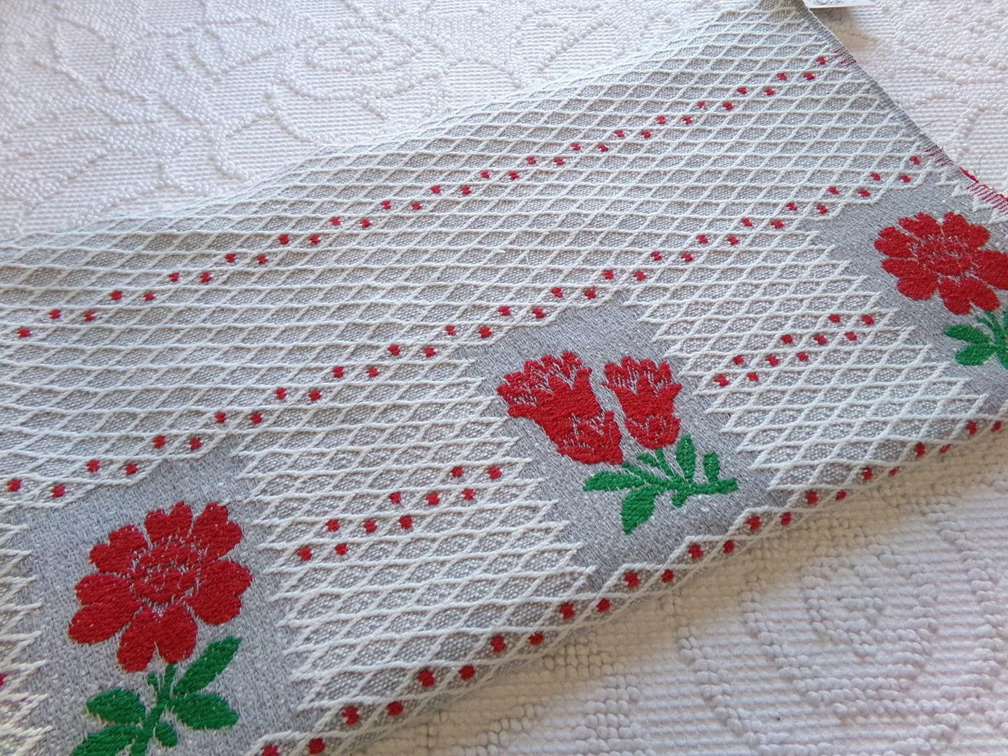 steel grey red floral vintage woven fabric, midcentury MCM reversible white lattice sewing material, 17" x 31" inch cut piece
