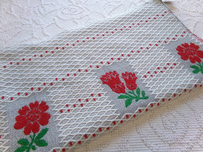 steel grey red floral vintage woven fabric, midcentury MCM reversible white lattice sewing material, 17" x 31" inch cut piece