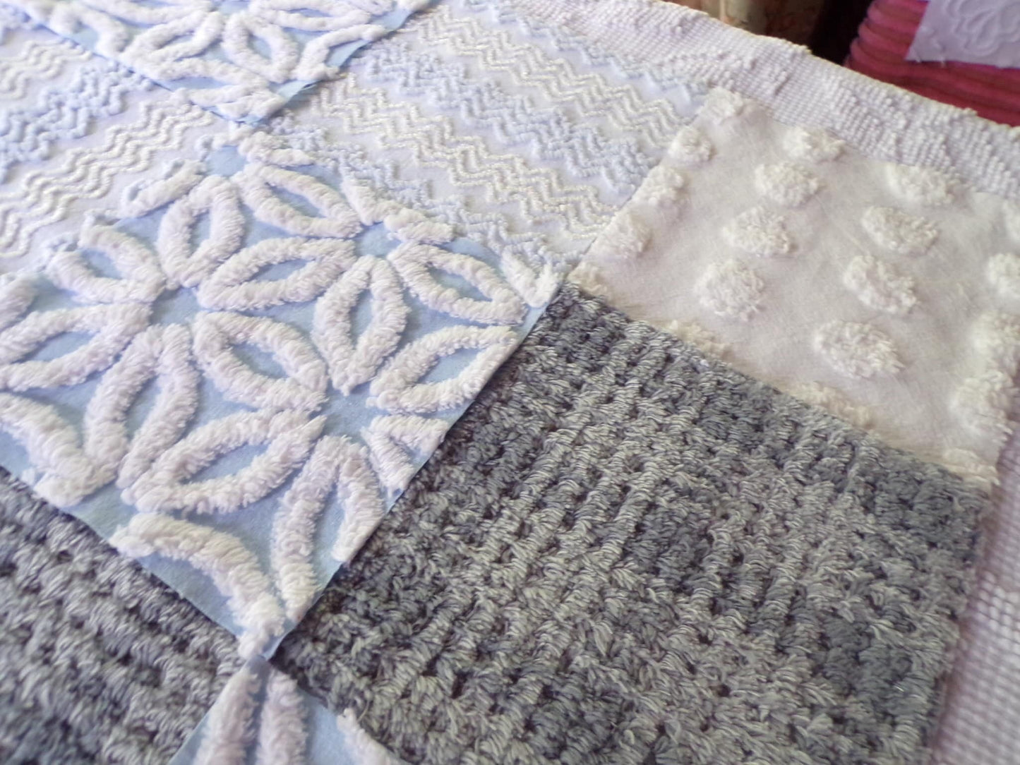 winter storm chenille fabric squares, 16 vintage 6" x 6" quilt blocks in cool blue & modern grey geometric for sewing, crafts, fiber arts