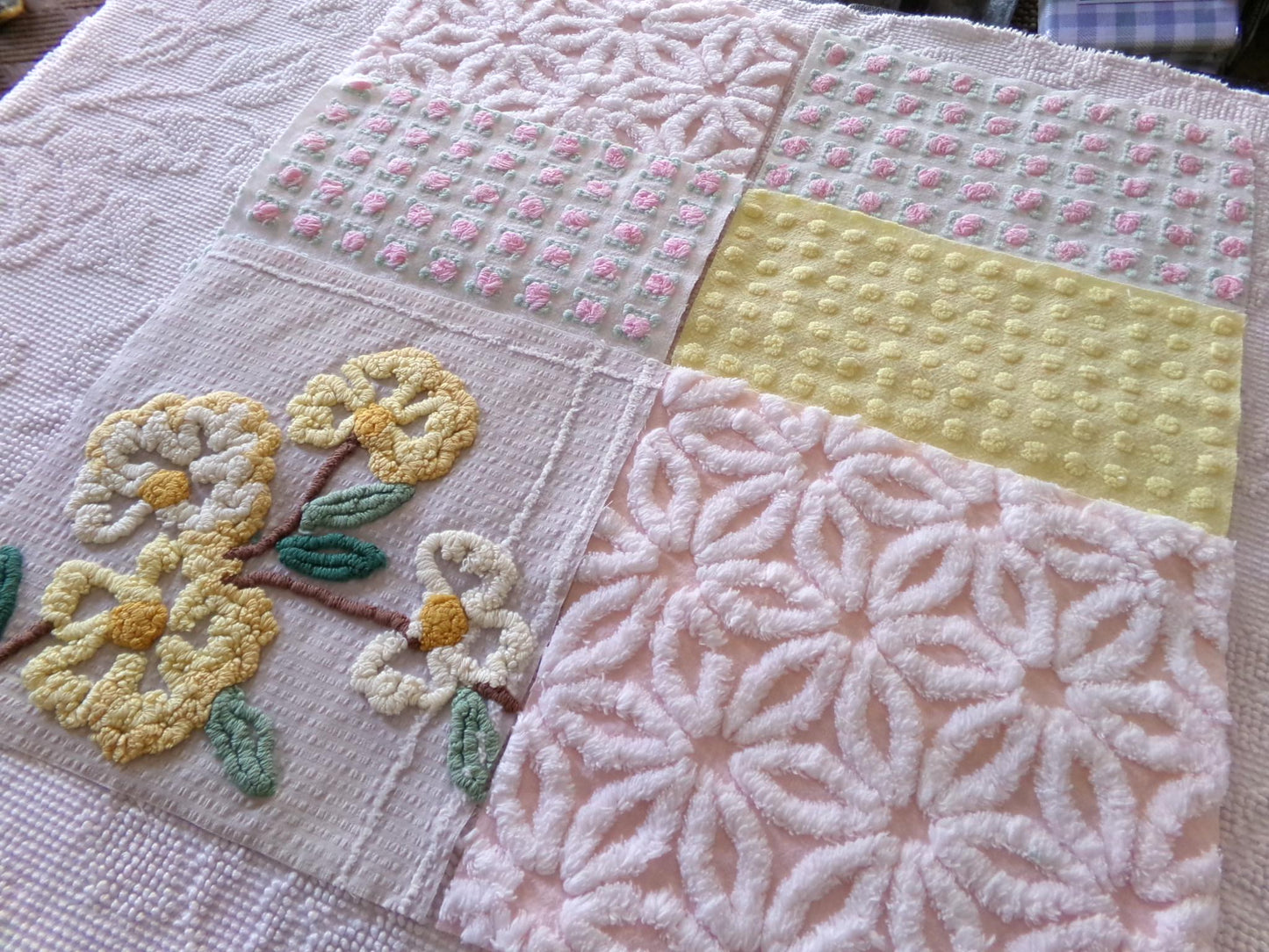 chenille fabric squares, set of 6 big 9.5" square quilt blocks from vintage chenille bedspreads, dainty daisy, pink rosebud, floral, dots