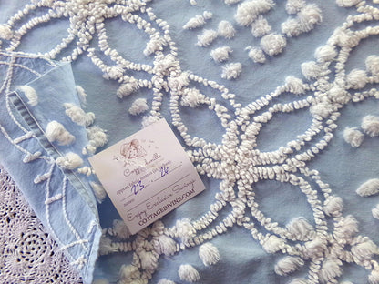 Beach Chic Blue & White Vintage Chenille Quilt Fabric, 23" x 26" Piece, 100% Cotton Classic Design