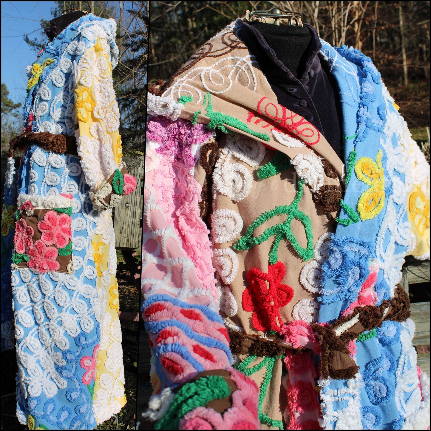 Shabby Patchwork Vintage Chenille Robe, Ladies M/L HOODED Bathrobe, Upcycled Art to Wear