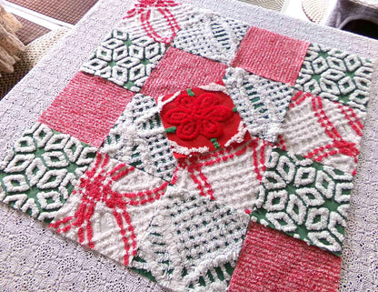 Christmas Chenille Quilt Squares, Set of 17 Festive Red, White & Green 6" Cotton Quilt Blocks, ideal for holiday crafts, quilting and sewing
