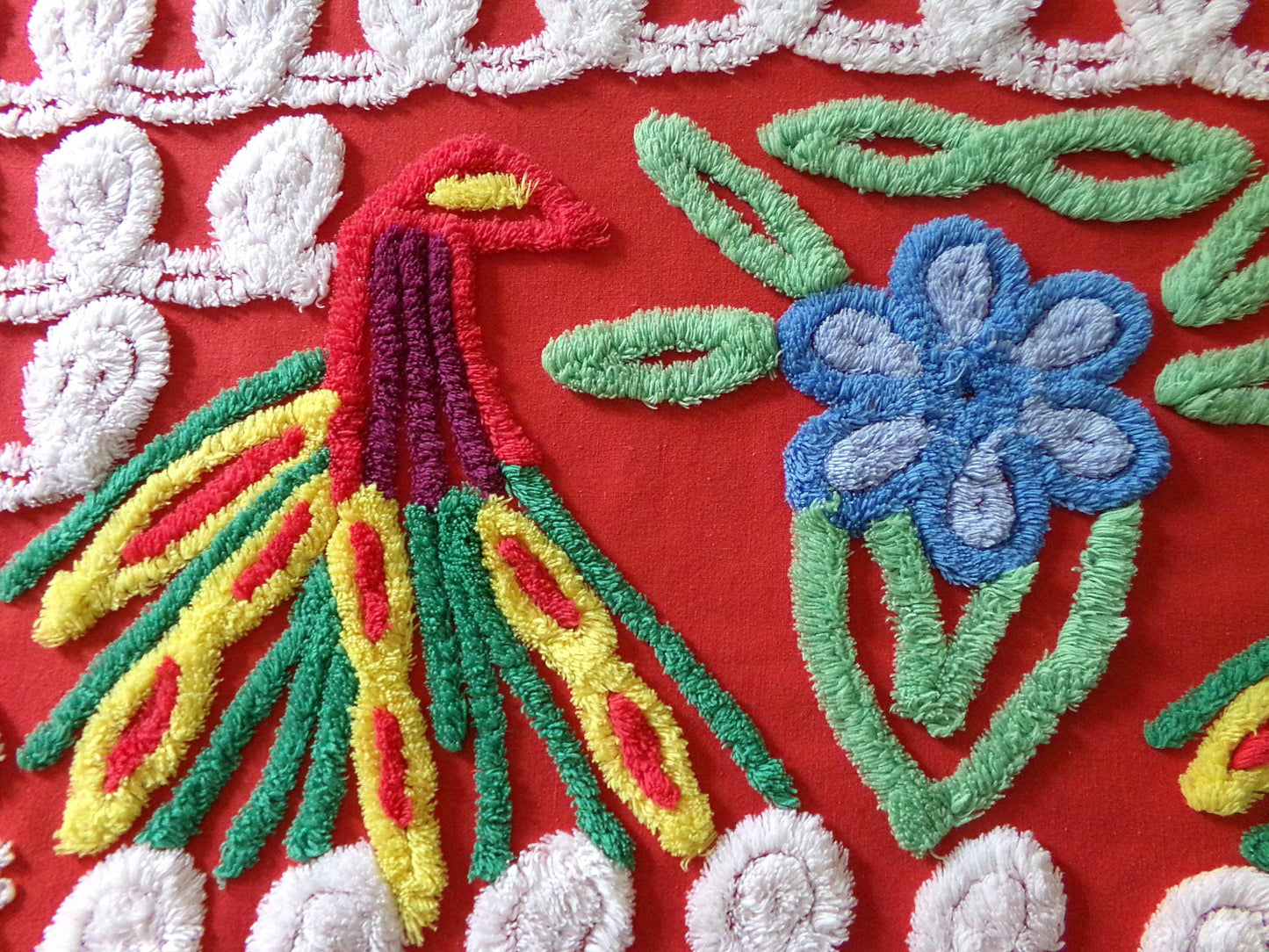Vintage Peacock Chenille Bedspread Fabric, Pair of Lovebirds on Vivid Red & White Curlicues, 31" x 20" inch Piece, 100% Cotton