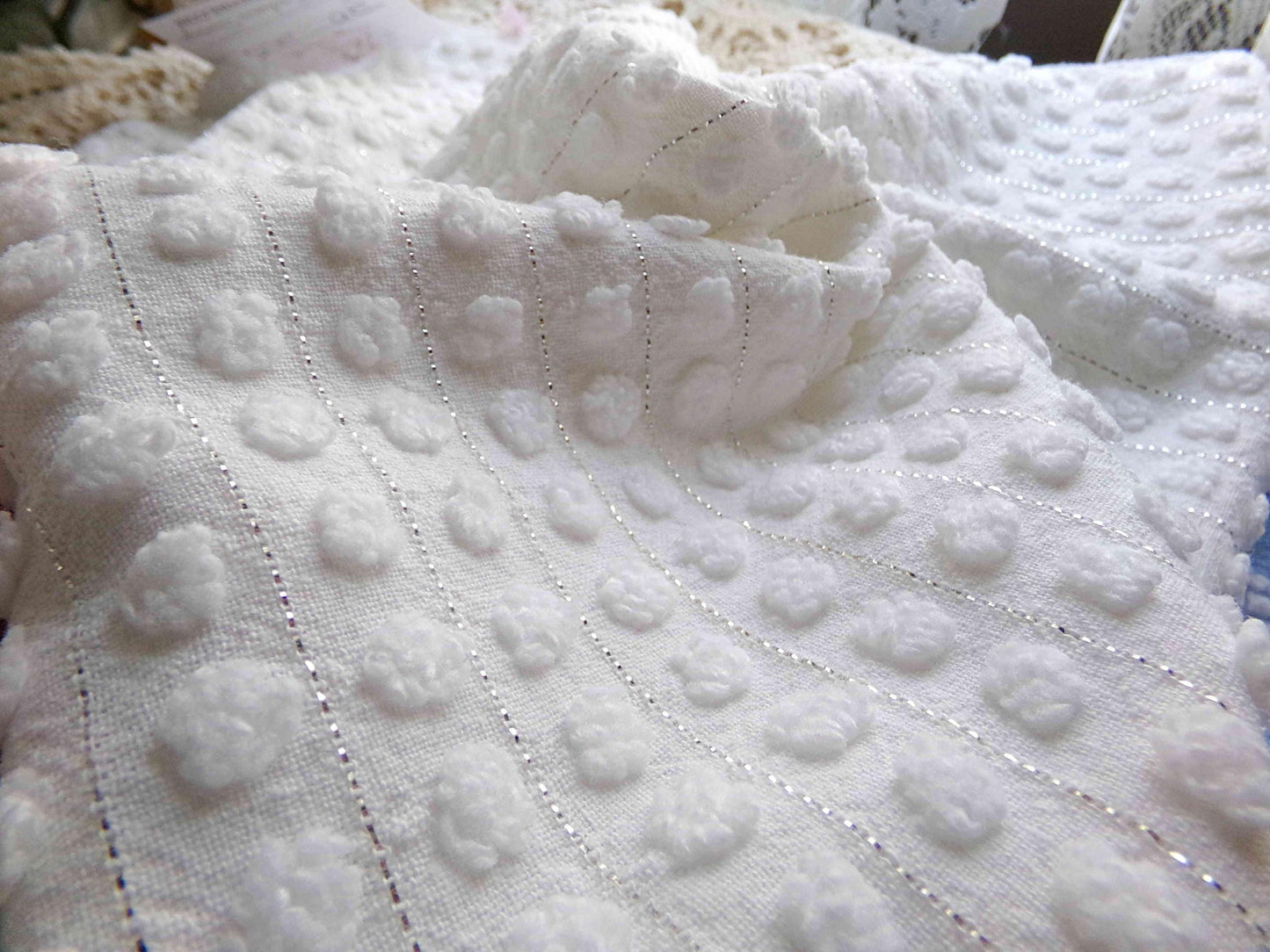 Simple White Pop Chenille Fabric, 20" x 24" inch Vintage Morgan Jones Piece, cotton blend with silver shimmer lurex