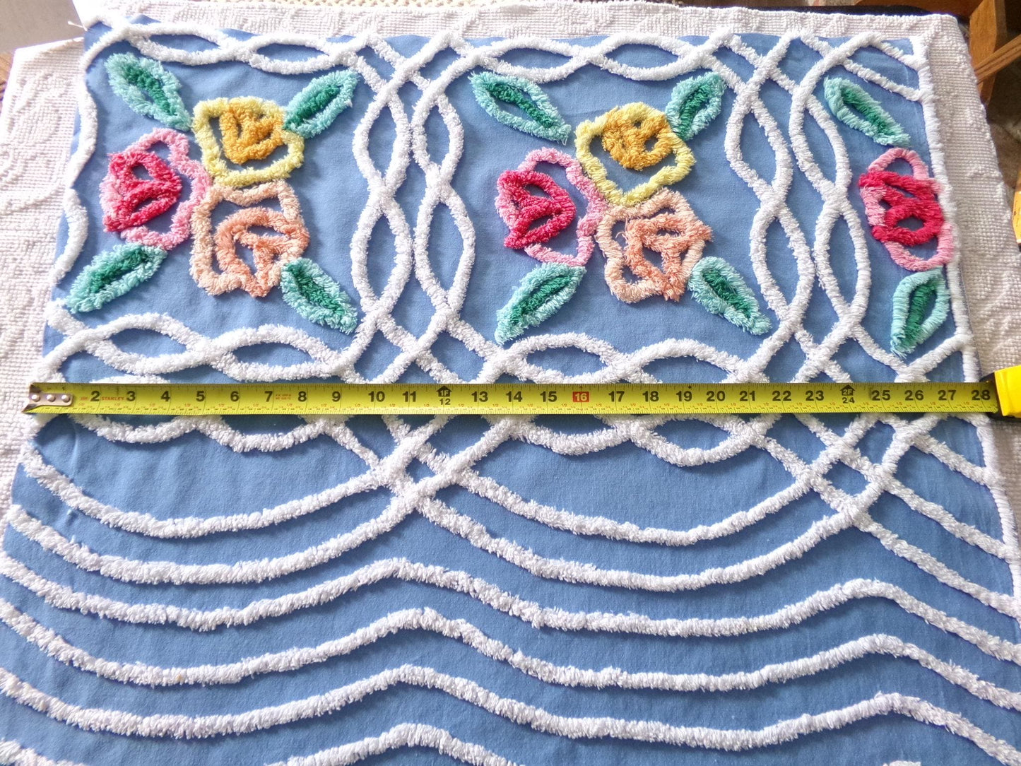 Seaside Summer Florals Blue Vintage Chenille Fabric, Pretty 30" x 26" inch piece