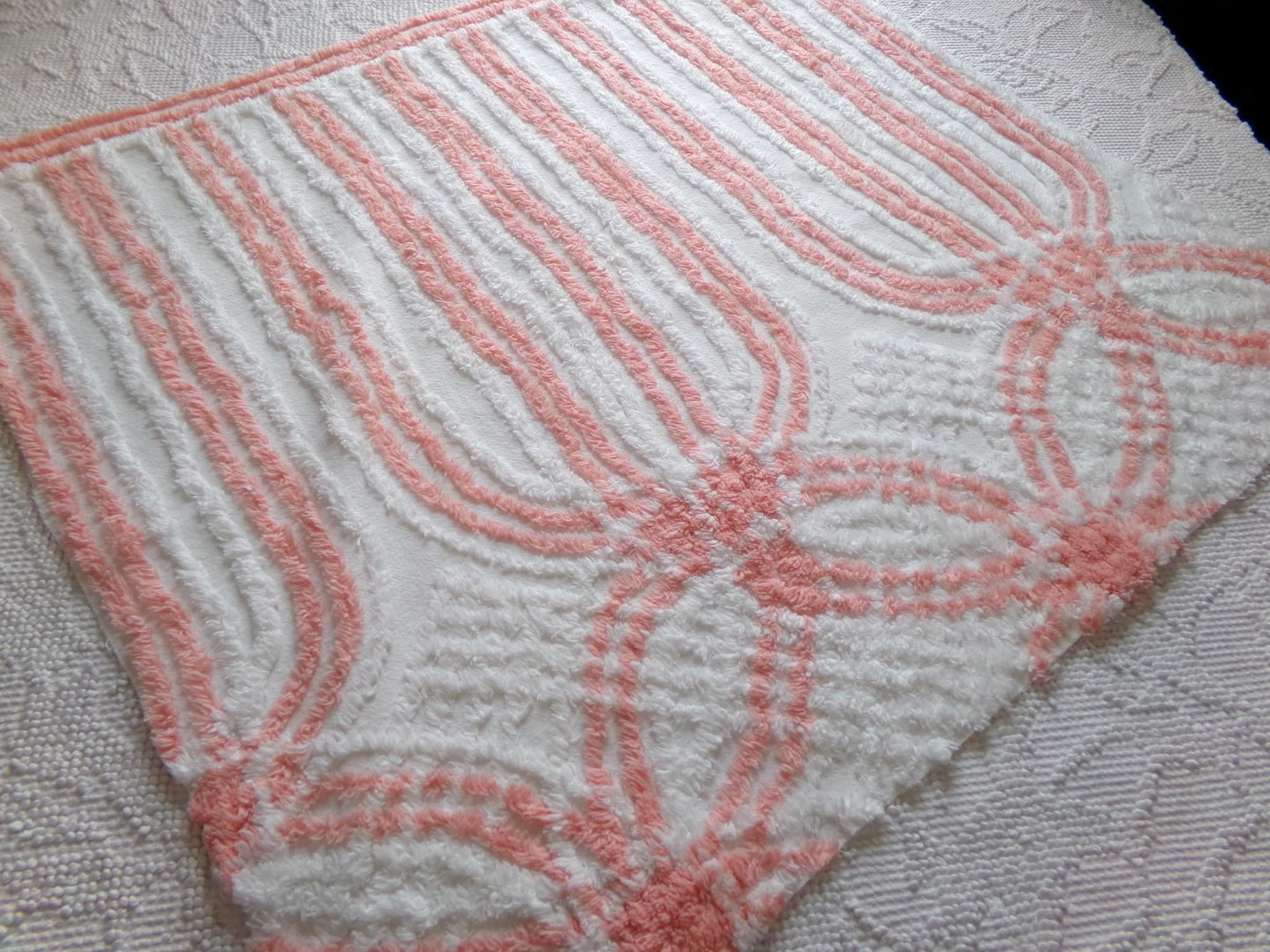 vintage chenille fabric in peachy white geometric design, 22" x 24" piece of lightweight cotton sewing & quilt material