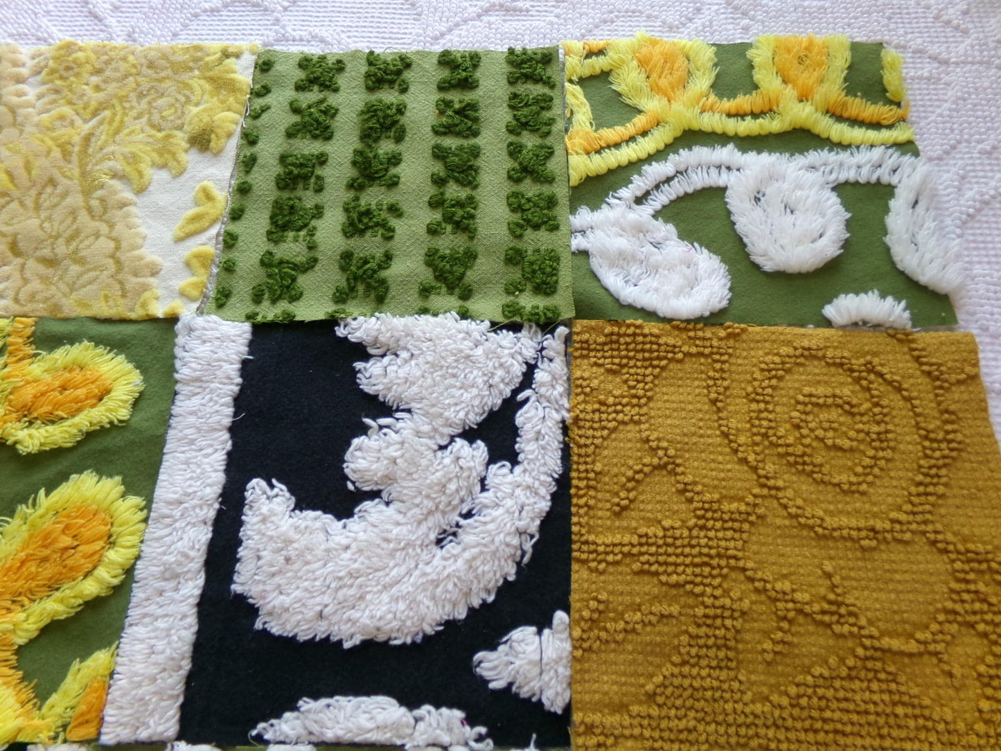 bewitching blend of vintage 6" chenille squares, set of 16 quilt blocks, rotary cut from boho vintage chenille bedspread fabrics
