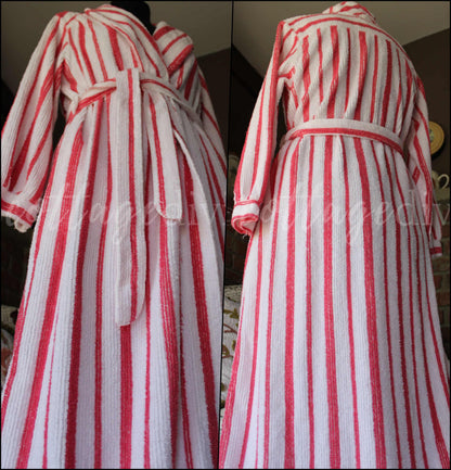 Feminine Flattering Vintage Chenille Robe, Siren Red & White Stripes Bathrobe, Ladies Size S, Lightweight Summer Cotton Blend