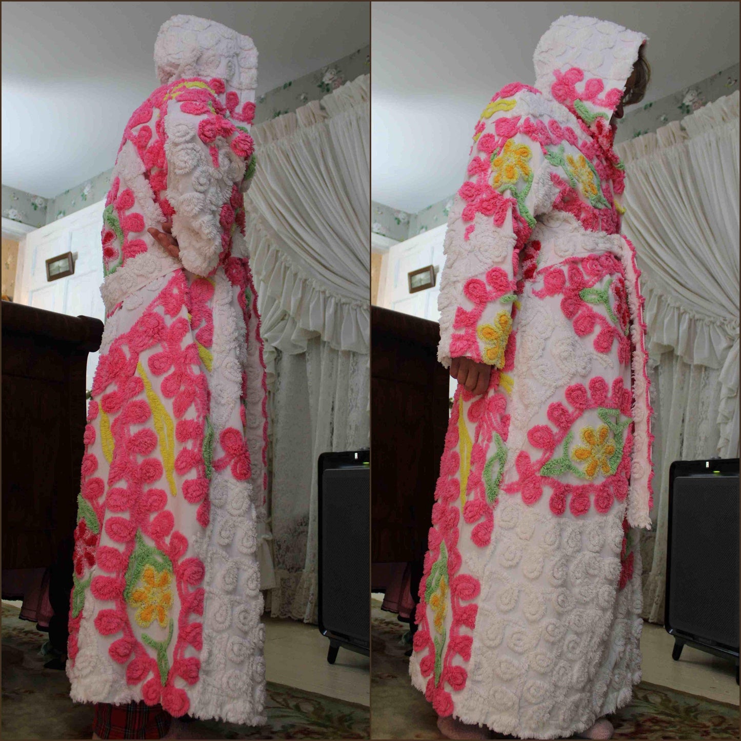 Pink Burst Chenille Robe with Sparkle Flowers, Medium / Large Hooded Vintage Style Women's Bathrobe