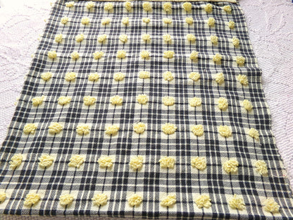 unique black plaid vintage chenille fabric, 18" x 24" piece of sewing material w/ yellow pops