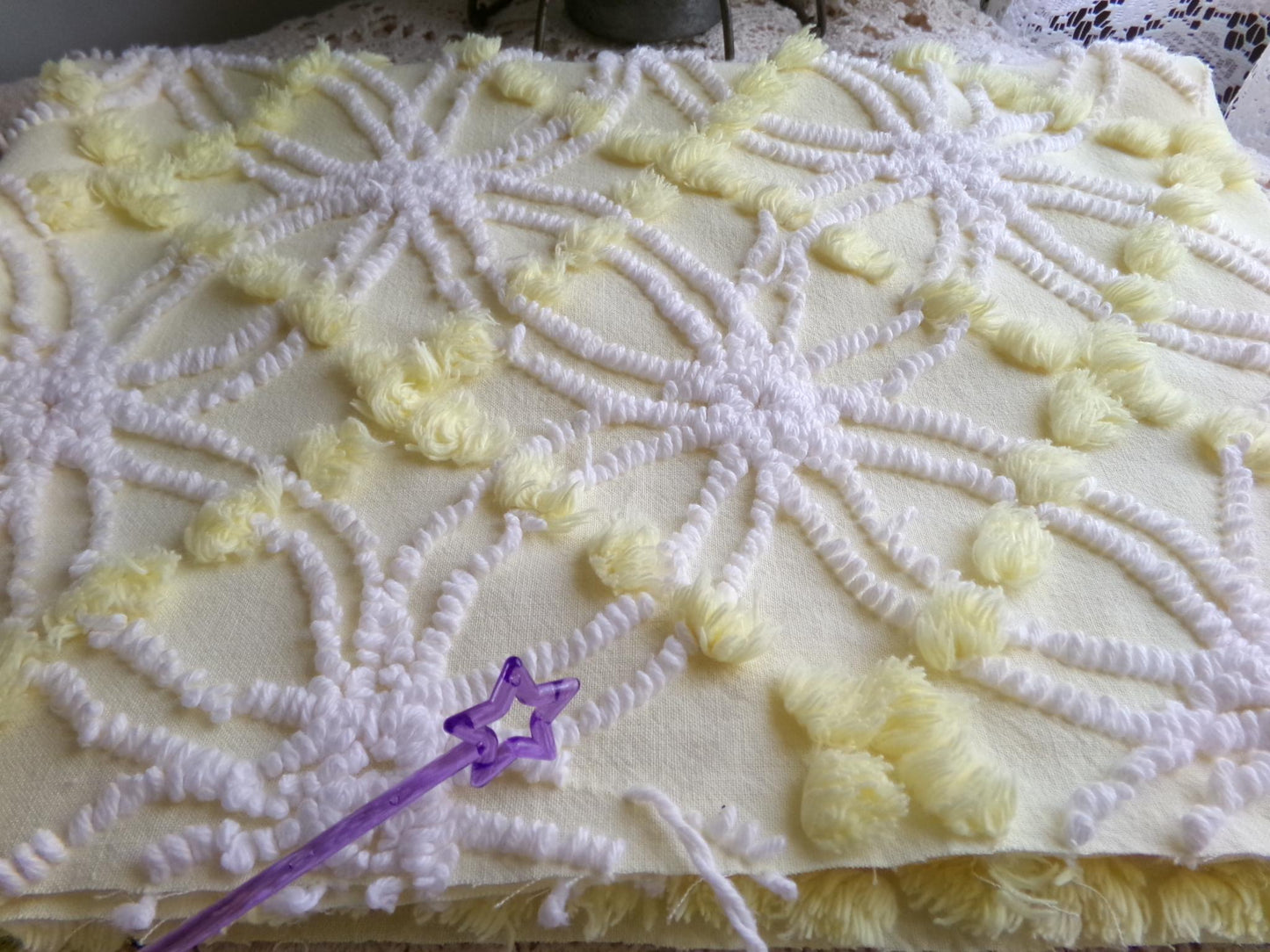 springtime yellow & white chenille fabric, vintage 27" x 21" inch piece of quilt material with fluffy pops, needletuft spider rings
