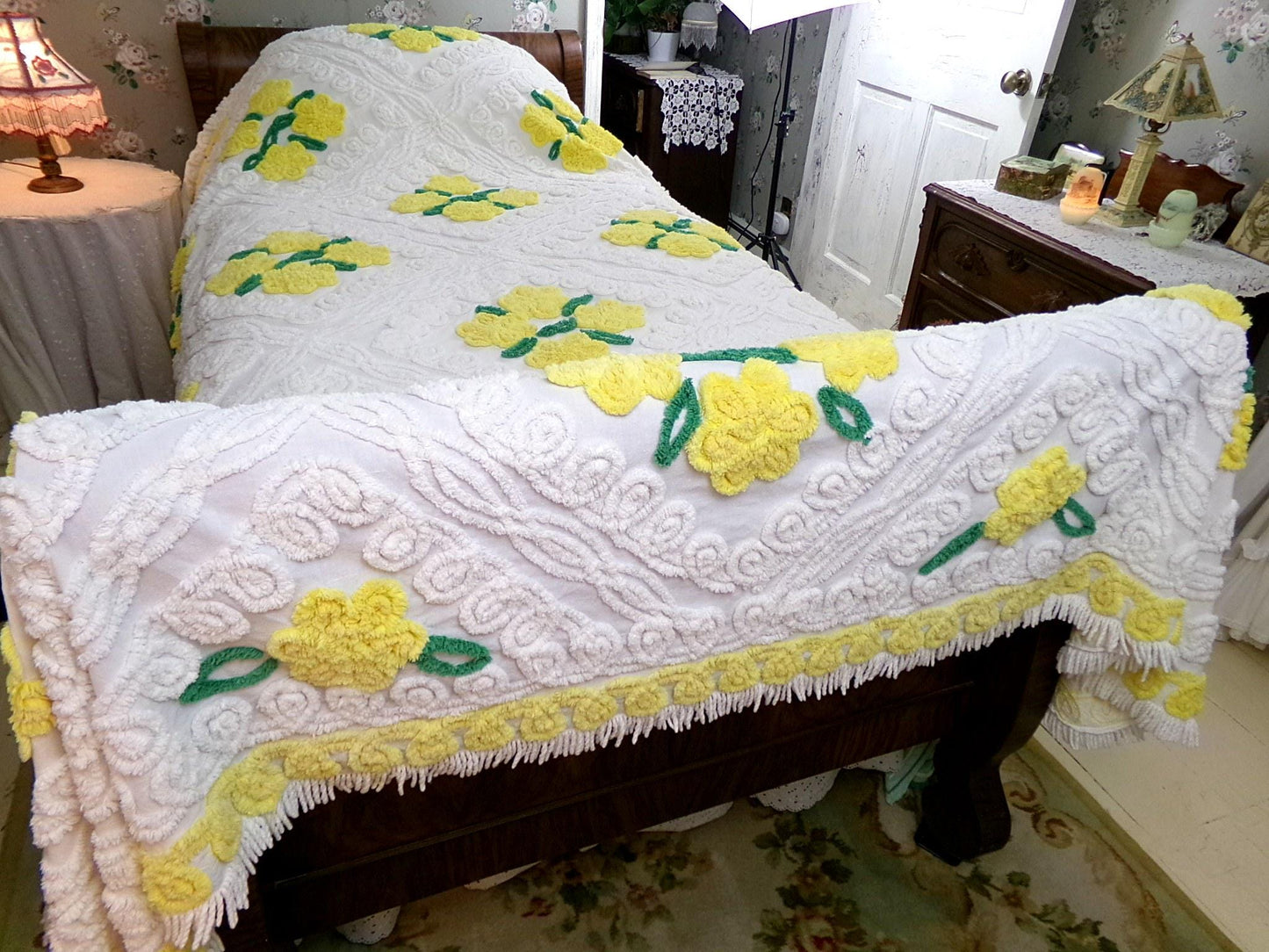 daffodil yellow flowers on white swirls vintage chenille bedspread with accent fringe, full size cottage style bedding