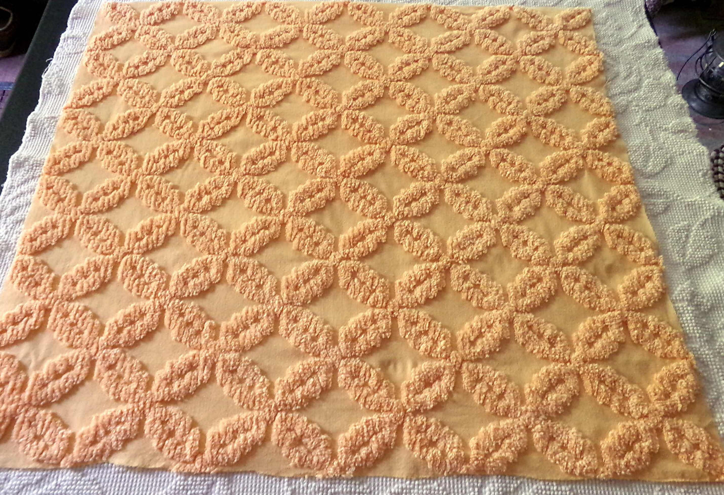 Peach Petals Vintage Chenille Quilt Fabric, 25" x 24" inch Piece, Raised Geometric Floral Pattern